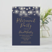 Marineblauw en gouden slingerlichten Pensioenfeest Kaart (Staand voorkant)