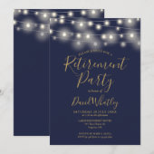 Marineblauw en gouden slingerlichten Pensioenfeest Kaart (Voorkant / Achterkant)