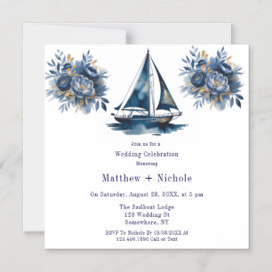 Marineblauw en gouden zeilboot nautische bruiloft magnetische uitnodiging