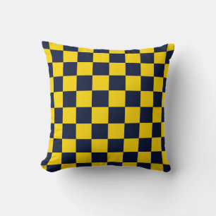 Marineblauw en goudgeel schaakbordpatroon kussen