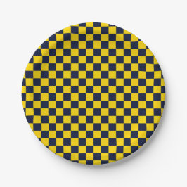 Marineblauw en goudgeel schaakbordpatroon papieren bordje