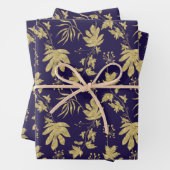 Marineblauw en goudkleurige Planten en bladeren Inpakpapier Vel (In situ)