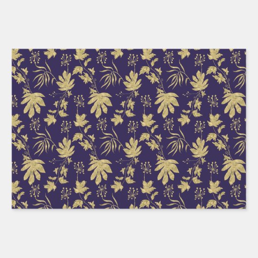 Marineblauw en goudkleurige Planten en bladeren Inpakpapier Vel (Voorkant)