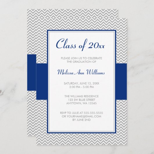 Marineblauw en grijs Chevron Graduation Party Kaart (Voorkant / Achterkant)