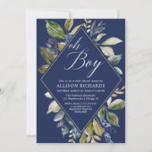 Marineblauw en groen gebladerte jongen baby shower kaart (Voorkant)