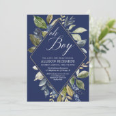 Marineblauw en groen gebladerte jongen baby shower kaart (Staand voorkant)