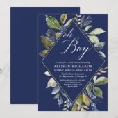 Marineblauw en groen gebladerte jongen baby shower kaart (Voorkant / Achterkant)
