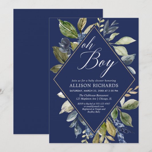 Marineblauw en groen gebladerte jongen baby shower kaart (Voorkant / Achterkant)