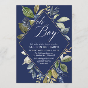 Marineblauw en groen gebladerte jongen baby shower kaart