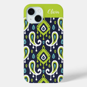 Marineblauw en groen Ikat Paisley Monogram iPhone 15 Case