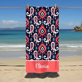 Marineblauw en Koraal Ikat Paisley Naam Initiaal Strandlaken