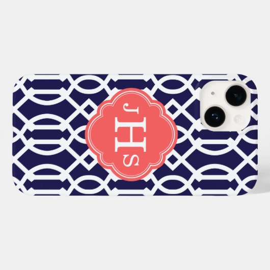 Marineblauw en koraal Modern Trellis Monogram Case-Mate iPhone Case (Achterkant (horizontaal))