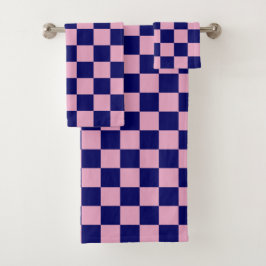 Marineblauw en lichtroze schaakbordpatroon bad handdoek