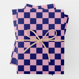 Marineblauw en lichtroze schaakbordpatroon inpakpapier vel