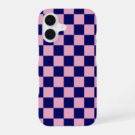 Marineblauw en lichtroze schaakbordpatroon iPhone 16 hoesje