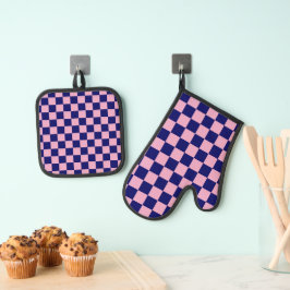 Marineblauw en lichtroze schaakbordpatroon ovenwant & pannenlap set