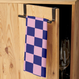 Marineblauw en lichtroze schaakbordpatroon theedoek