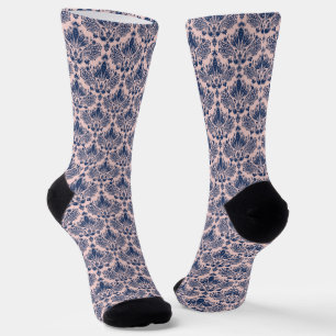Marineblauw en lichtroze vintage damastpatroon sokken