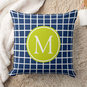 Marineblauw en limoengroen rastermonogram kussen