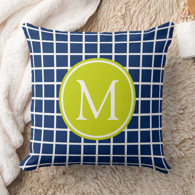 Marineblauw en limoengroen rastermonogram kussen (Deken)