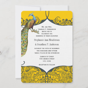 Marineblauw en Mosterd Pauw Liefdesvogel Patroon B Kaart