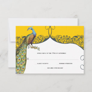 Marineblauw en Mosterd Pauw Liefdesvogel Patroon B RSVP Kaartje