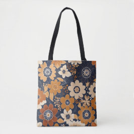 Marineblauw en mosterdkleurig volkse bloempatroon tote bag