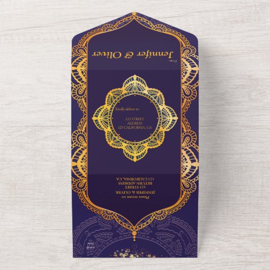 Marineblauw en/of paars met gouden mandala's all in one uitnodiging (Buitenkant)