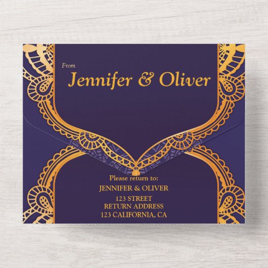 Marineblauw en/of paars met gouden mandala's all in one uitnodiging (Achterkant)