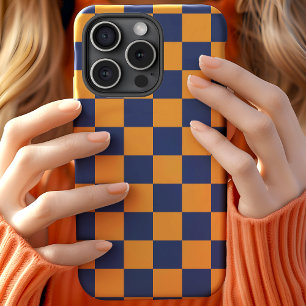 Marineblauw En Oranje Dambordruit Patroon Case-Mate iPhone Case