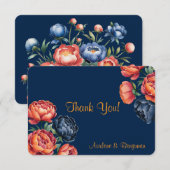 Marineblauw en Oranje pioen bruiloft Bedankkaart (Voorkant / Achterkant)