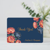 Marineblauw en Oranje pioen bruiloft Bedankkaart (Staand voorkant)