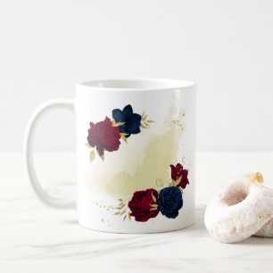 marineblauw en rode bloemen groen koffiemok
