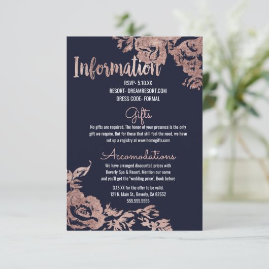 Marineblauw en Roos Goud Bloemen Bruiloft Informat Informatiekaartje (Staand voorkant)