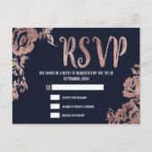 Marineblauw en Roos Gouden Bloemen RSVP Uitnodiging Briefkaart (Voorkant)