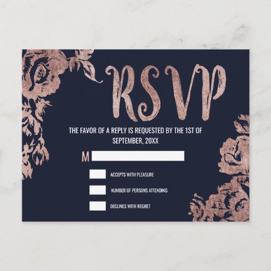 Marineblauw en Roos Gouden Bloemen RSVP Uitnodiging Briefkaart (Voorkant)