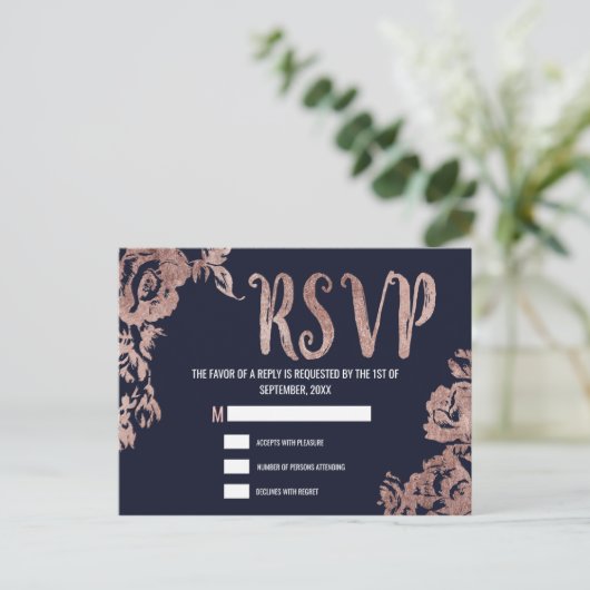Marineblauw en Roos Gouden Bloemen RSVP Uitnodiging Briefkaart (Staand voorkant)