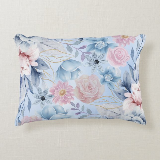 Marineblauw en roze bloemen accent kussen (Voorkant)