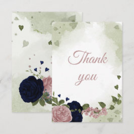  marineblauw en roze bloemen bedankkaart