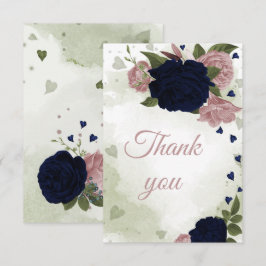  marineblauw en roze bloemen bedankkaart