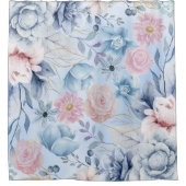 Marineblauw en roze bloemen douchegordijn (Voorkant)
