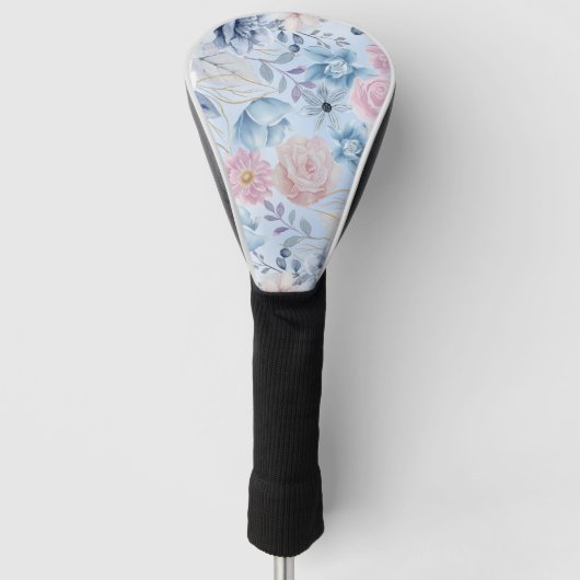 Marineblauw en roze bloemen golfheadcover (Voorkant)