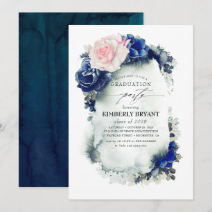 Marineblauw en roze bloemig  Afstuderen Kaart
