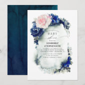 Marineblauw en roze bloemig  Baby shower Kaart (Voorkant / Achterkant)