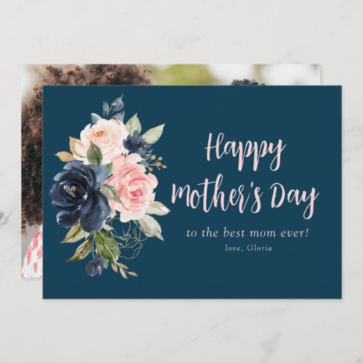 Marineblauw en roze bloemige Happy moederdag Card Feestdagenkaart (Voorkant / Achterkant)