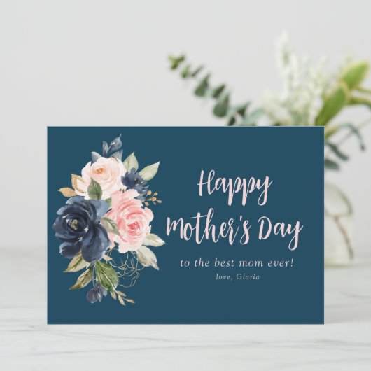 Marineblauw en roze bloemige Happy moederdag Card Feestdagenkaart (Staand voorkant)
