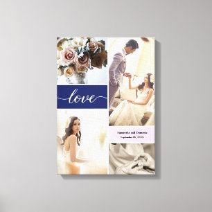 Marineblauw en roze elegante Liefde Trouwfoto's Canvas Afdruk