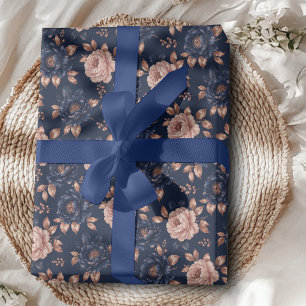 Marineblauw en roze gouden bloemenverpakkings papi cadeaupapier