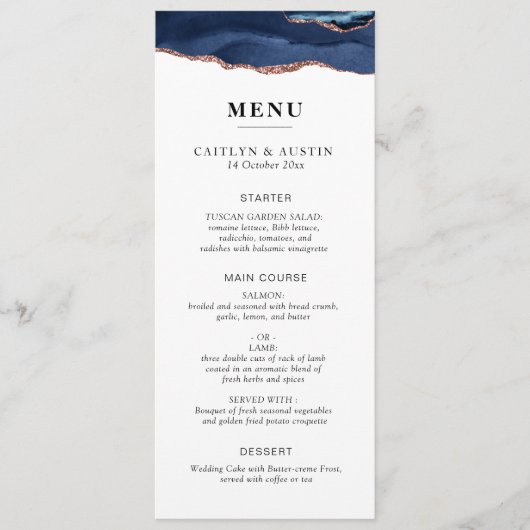 Marineblauw en roze gouden trouwmenu menu (Voorkant)
