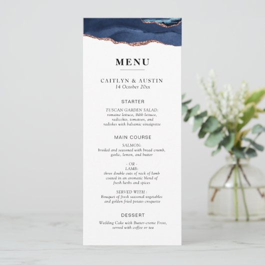 Marineblauw en roze gouden trouwmenu menu (Staand voorkant)